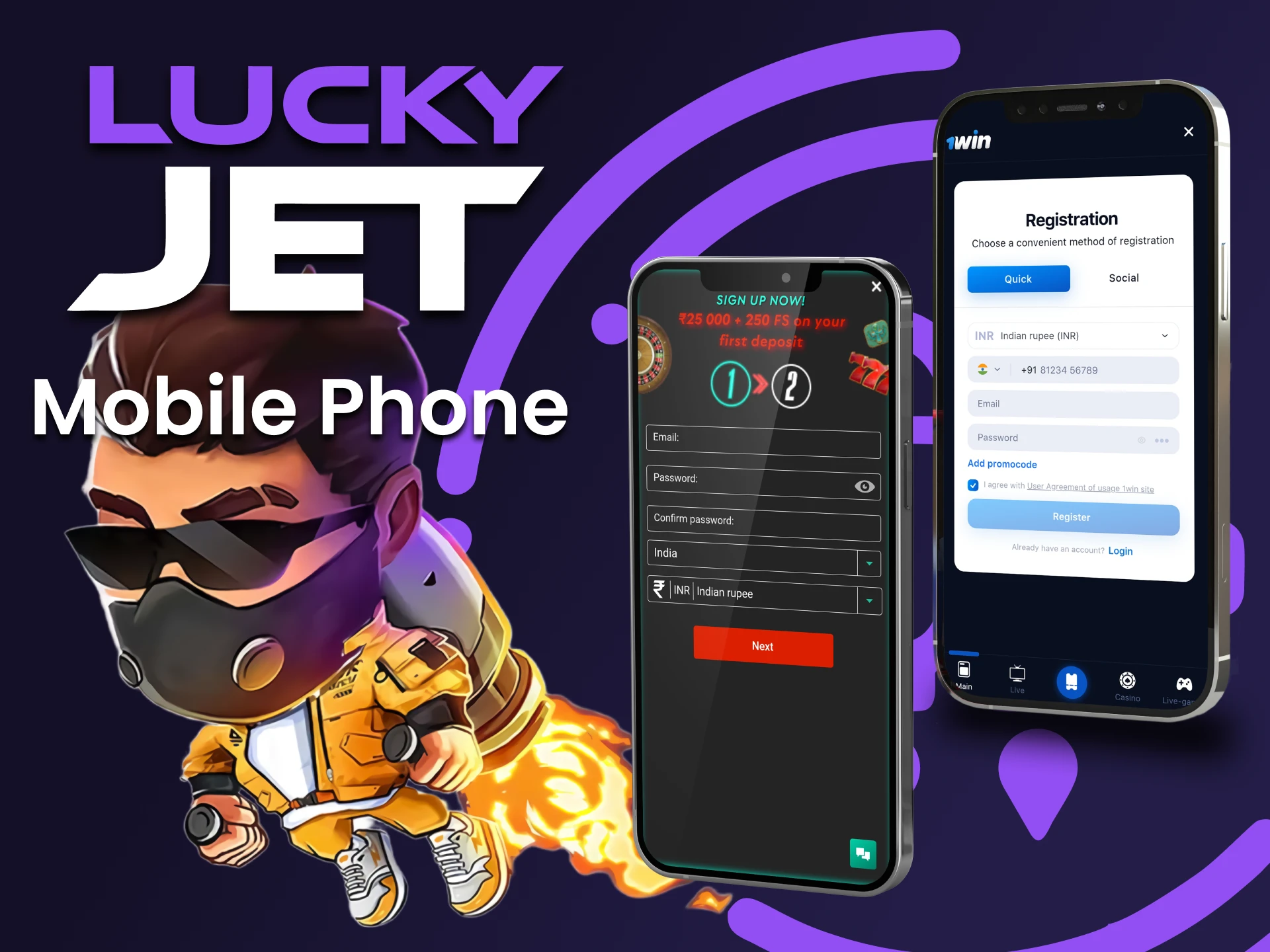 You can register through a mobile application to start playing Lucky Jet.
