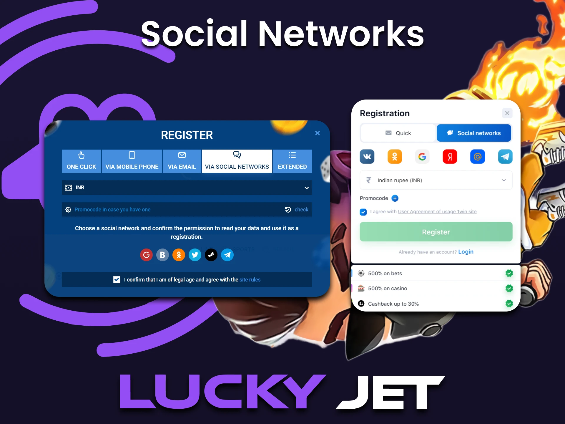 You can register through social networks to start playing Lucky Jet.